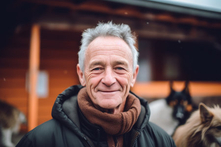 Portrait of a happy senior man with dog in the background.の素材