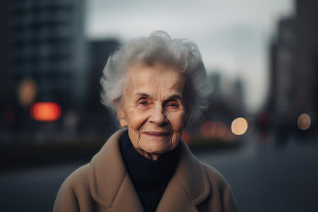 Portrait of an elderly woman in a beige coat on the background of the cityの素材