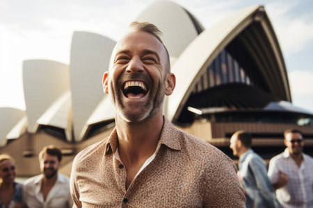 Portrait of a happy young man in front of the opera houseの素材
