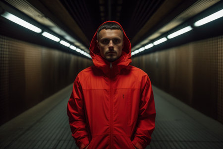 Portrait of a man in a red raincoat standing in a tunnelの素材