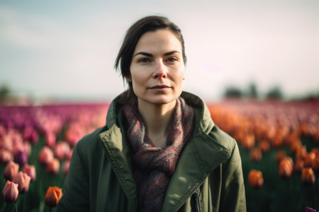 Beautiful woman standing in tulip field in spring, looking at cameraの素材