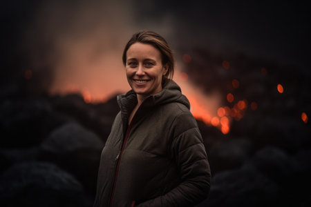 Portrait of smiling woman standing in front of a burning bonfireの素材