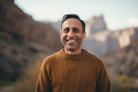 Portrait of a smiling middle-aged man in the mountains.の素材