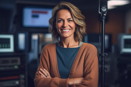 Portrait of smiling mature businesswoman standing with arms crossed in officeの素材