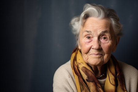 Portrait of an elderly woman with a scarf on a dark backgroundの素材