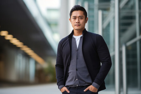 Portrait of a young asian businessman standing in an office buildingの素材