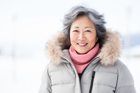 Smiling asian senior woman in winter jacket and pink scarf.の素材
