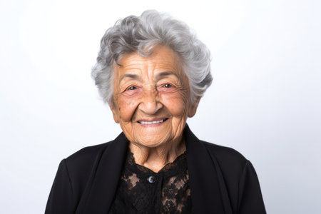 Portrait of a happy senior asian woman smiling on white backgroundの素材