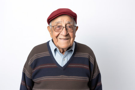 Portrait of senior asian man wearing glasses and hat on white backgroundの素材