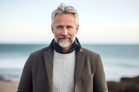 Portrait of senior man with gray hair standing on beach in autumnの素材