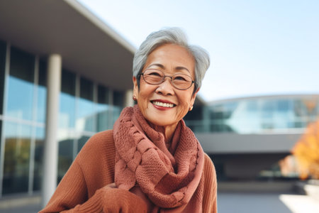 Portrait of a smiling senior asian woman in eyeglasses outdoorsの素材
