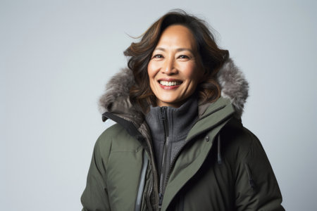 Portrait of a smiling asian woman in winter jacket on gray backgroundの素材