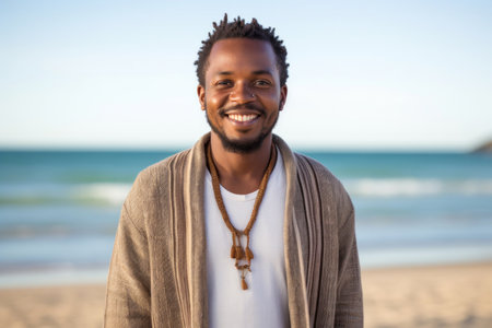 Portrait of a smiling african american man at the beachの素材