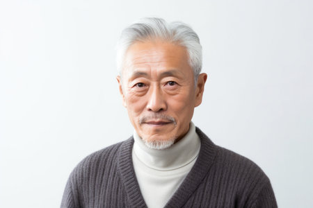 Portrait of senior asian man in gray sweater on white backgroundの素材