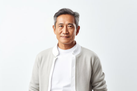 Portrait of an elderly asian man with gray hair isolated on white backgroundの素材