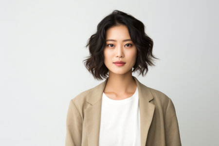 portrait of beautiful young asian businesswoman in suit on white backgroundの素材