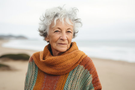 Portrait of senior woman wearing scarf on the beach at autumn dayの素材