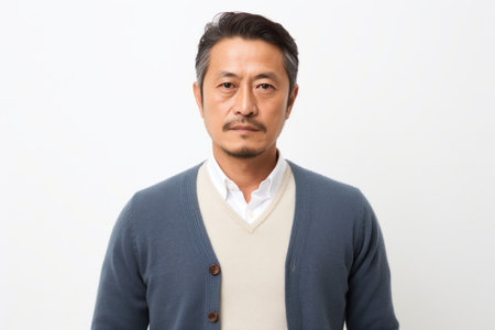 Portrait of a serious Asian man in a blue sweater on white backgroundの素材