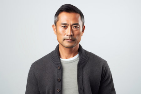 Portrait of a handsome asian man looking at camera over white backgroundの素材