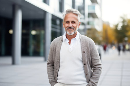 Portrait of a handsome senior man in casual clothes standing outdoors.の素材