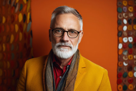 Portrait of a handsome senior man with gray beard wearing glasses and a yellow coat.の素材