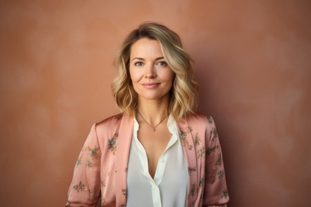 Portrait of a beautiful blonde woman in a pink blouse.の素材