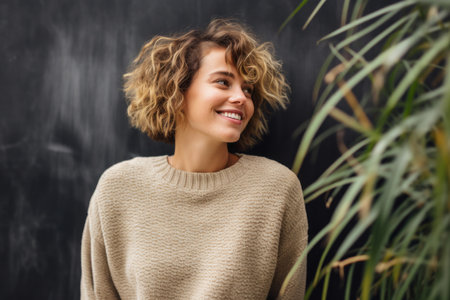 Portrait of a smiling young woman with curly hair standing against blackboardの素材