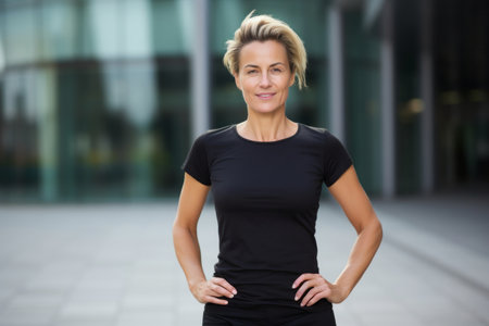 Portrait of smiling businesswoman standing with arms akimbo outdoorsの素材