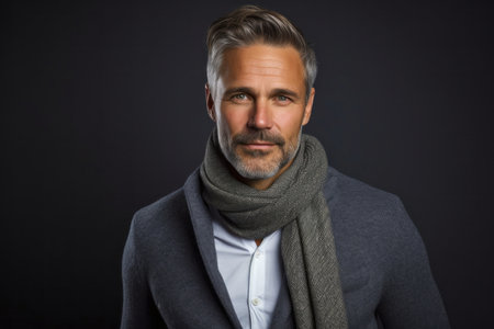Portrait of a handsome middle-aged man wearing a gray woolen scarf.の素材