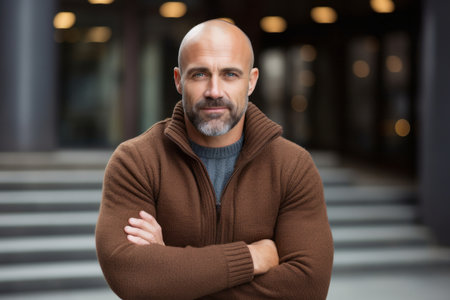 Portrait of confident mature man standing with arms crossed in urban backgroundの素材