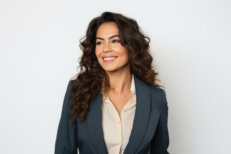 Portrait of a happy businesswoman smiling at camera over white backgroundの素材