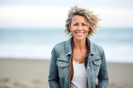 Portrait of smiling woman standing on the beach at the day timeの素材