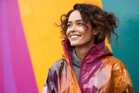 cheerful young woman in raincoat smiling at camera on colorful backgroundの素材