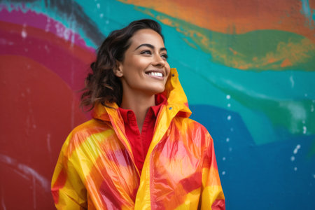 Portrait of a beautiful young woman in raincoat smiling against graffiti wallの素材