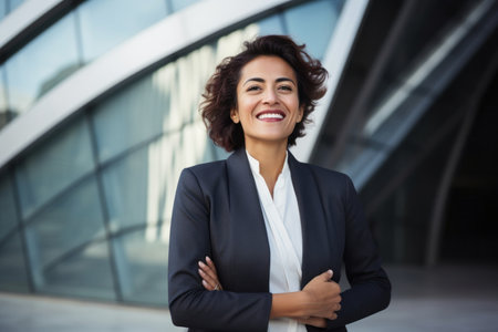 Portrait of smiling businesswoman standing with arms crossed against office buildingの素材