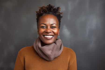 portrait of young african american woman smiling on gray backgroundの素材