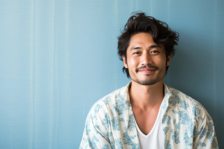 Portrait of a happy young man in bathrobe on blue backgroundの素材