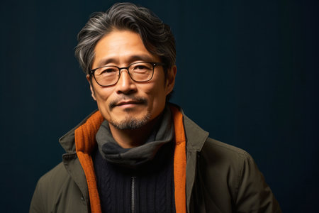 Portrait of Asian man wearing winter jacket and eyeglasses.の素材