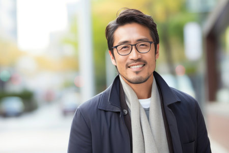 Portrait of a handsome asian man with eyeglasses outdoorsの素材