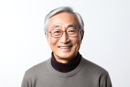 Asian senior man in gray sweater and eyeglasses on white backgroundの素材