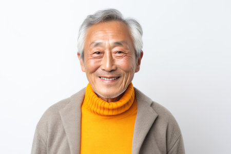 Portrait of happy asian senior man in warm sweater and orange scarf.の素材