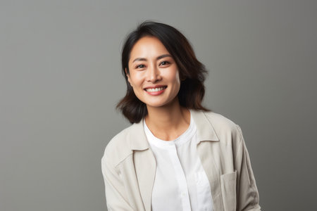 Portrait of a smiling young asian businesswoman standing over gray backgroundの素材