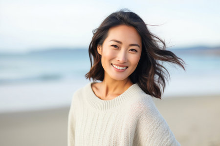 smiling asian woman on the beach with wind blowing her hairの素材