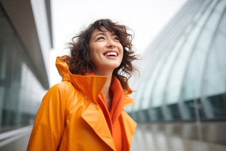 Portrait of a smiling young woman in an orange raincoat outdoorsの素材
