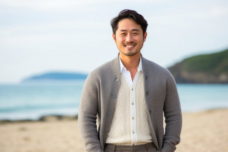 Portrait of a young asian man standing on the beach and smilingの素材