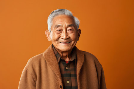 Portrait of a happy asian senior man smiling on orange background