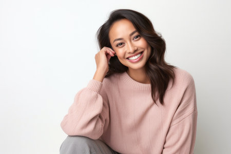 Portrait of a smiling young asian woman sitting on white backgroundの素材