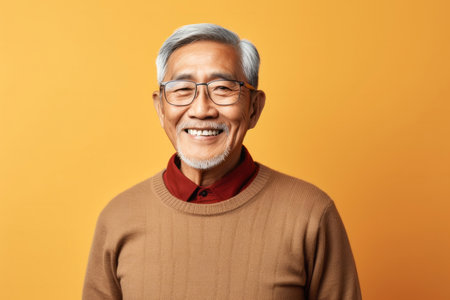 Portrait of a happy senior asian man looking at camera over yellow backgroundの素材