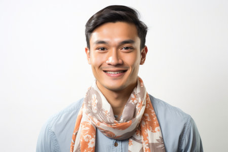 Portrait of young asian man with a scarf around his neckの素材