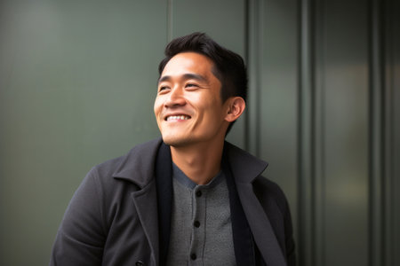 Young handsome asian man smiling against a green wall, wearing a coatの素材